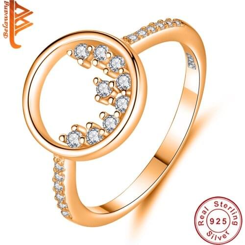 BELAWANG 100% Genuine 925 Sterling Silver Round Clear CZ Circle Finger Rings for Women Jewelry Christmas Gift