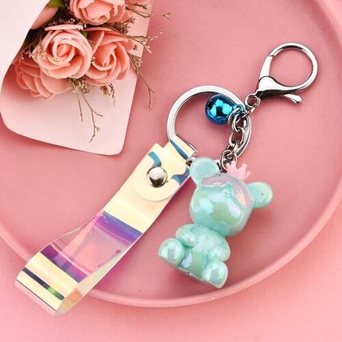 Korean Acrylic Colorful Crown Bear Keyring Leather Rope Punk Glasses Bear Doll Key Chain Bag Charm Pendant Keychain Gift