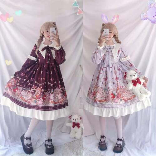 Cat Party Sweet Womens Lolita OP Dress Long Sleeve Dress Witch Sharp Collar Sailor Collar Princess Dress One Piece