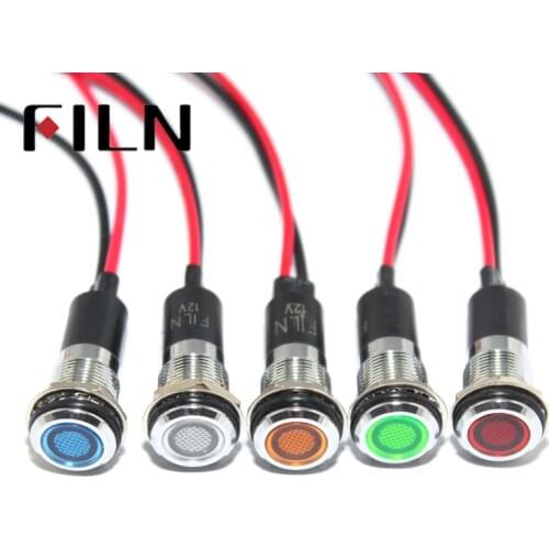 FILN 12mm 3v 6v 24v 220v mini pilot lamp red blue green white metal light rechargable indicator lamp with 20cm cable