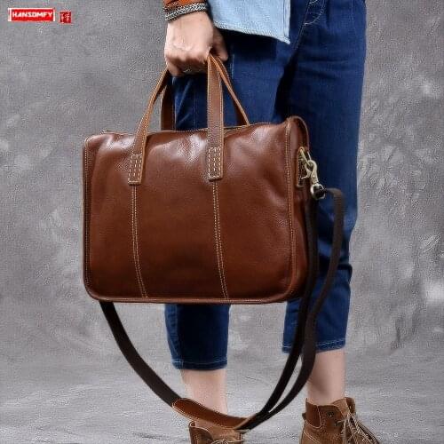 Mens Handbag Male Laptop Business Briefcase Men Crossbody Shoulder Bags Cowhide Leather Vintage Retro Sewing Thread Leather
