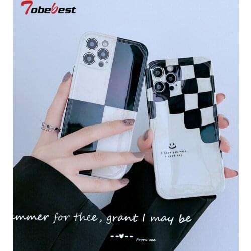 Tobebest black and white grid Smile Soft IMD Phone Case for iPhone 12 11 pro max XR XS Max 7 8 Plus X Coque Cover