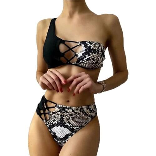 European and American womens 2021 new swimwear ladies split swimsuit one-shoulder leopard bikini