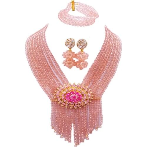 Peach Nigerian Wedding African Jewelry Set Crystal Beaded Necklace Bracelet Earrings Party Jewelry Sets for Women 8SK06