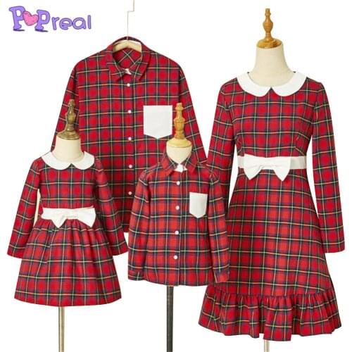 PopReal Parent-Child Outfit Family Matching Clothes Plaid Print Mother And Daughter Dress Father And Son Suit Shirt Stitching