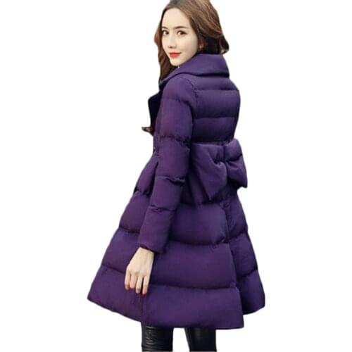 Winter New Korean Fashion long Down cotton Jacket Womens Thick Warm Cotton Jackets Purple Female Bow Casual Parkas Overcoat F936