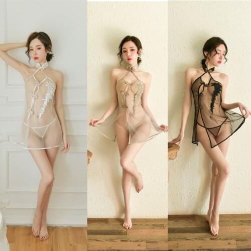 Sexy Lace See Through Babydoll Chinese Traditional Cheongsam Lingerie Jacquard Nightclub Uniforms Sexi Split Mini Dress Qipao