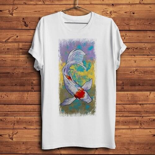 Oil Painting style lucky charm Cyprinus KOI funny anime tshirt Men new White Casual short sleeve T Shirt Unisex streetwear tee