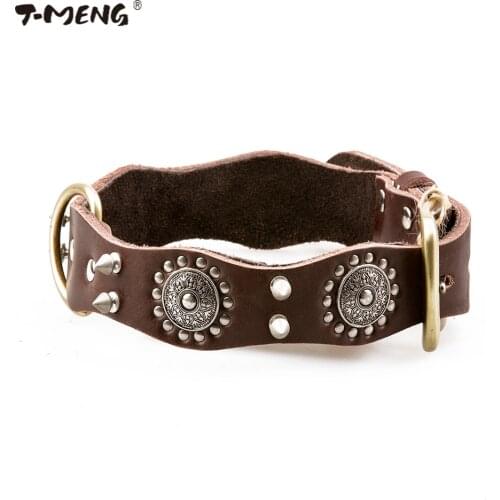 T-MENG Brand Genuine Leather Dog Collars Rivet Studded 3 Sizes High Quality Necklace Wavy Personalized Dogs Accessories Supplies