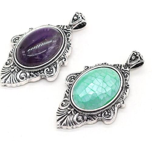 Vintage Natural Stone Alloy Oval Pendant Amethysts Malachite Abalone Shell Charms for Jewelry Making DIY Necklace Gift 30x55mm