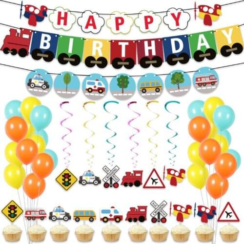 Transportation Cars Theme Balloons Set Happy Birthday Banner Garland Train School Bus Fire Cake Toppers Baby Shower Party Suppli