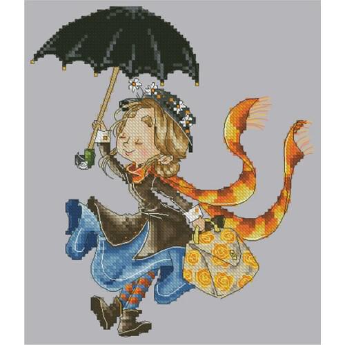 Top Quality Cute Lovely Counted Cross Stitch Kit Little Girl holding the umbrella Wear a scarf handbag Happy stroll