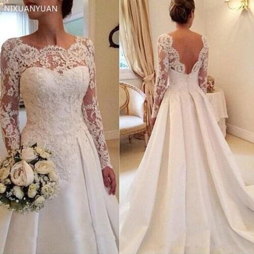 2021 Fashion Satin Long Sleeves Lace Applique Court Train Wedding Dress Open Back Sexy Bridal Gowns Vestido De Noiva