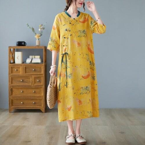 Women Cotton Linen Casual Dress New 2021 Summer Chinese Style Vintage Floral Print Loose Ladies Elegant Long Dresses B371