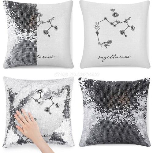 Sagittarius Zodiac Wildflower Sequin Pillowcase Throw Pillow Cover for Sofa 40X40cm Mermaid Zodiac Sign Wildflower Aries Leo L