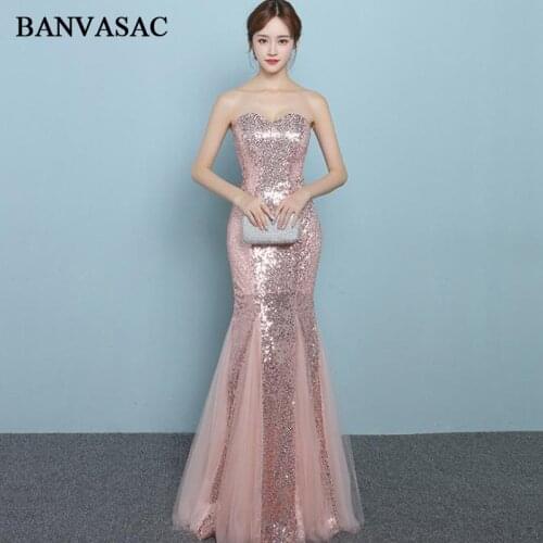 BANVASAC 2018 Sequined Strapless Mermaid Long Evening Dresses Sexy Party Lace Off The Shoulder Backless Prom Gowns