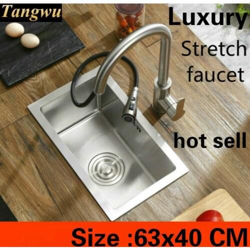Free shipping Home big kitchen manual sink single trough luxury stretch faucet 304 stainless steel big hot sell 63x40 CM