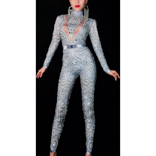 Free Shipping Silver Rhinestones Jumpsuit long Sleeves Stretch Sexy Bodysuit Party Celebrate Nightlcub outfit