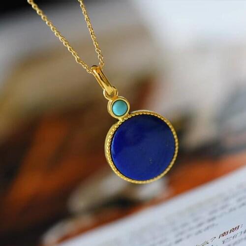 Designer original new natural Hetian jade and silver inlaid lapis lazuli round pendant necklace simple and noble ladies jewelry