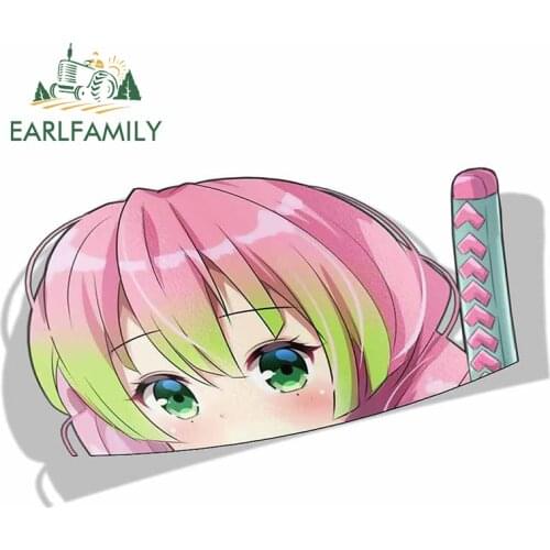 EARLFAMILY 13cm x 8.3cm for Mitsuri Kanroji Demon Slayer Peek Anime Big Head Vinyl Cartoon Car Sticker JDM Window Trunk Decal