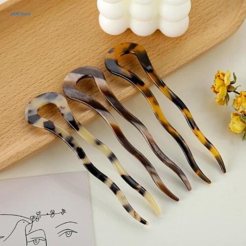 French Twist Hair Stick Clip Vintage Celluloid Acetate Large Wavy U-Shaped Hairpin Tortoise Shell Women Updo Chignon Pin