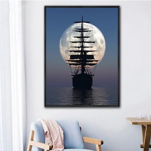 GOODECOR Modern Lanscape Wall Art Boat Moon Canvas Painting Print Painting on Canvas Decoration Living Room Wall Art Pictures