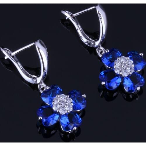 Delicate Heart Shaped Blue Cubic Zirconia White CZ Silver Plated Drop Dangle Earrings V0770
