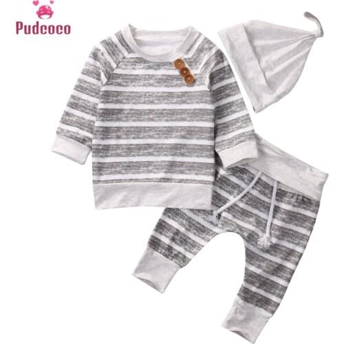 3 piece Clothes Set Boy Long Sleeve Stripe Buttons Decor Sweatshirt Top,Baby Striped Pant with Hat For Baby Boy Autumn