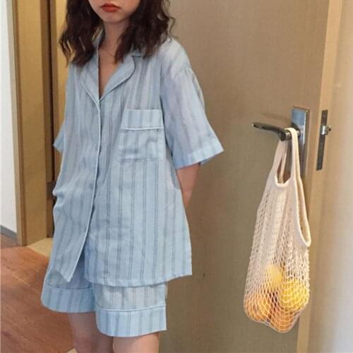 Summer Pajamas Set Short Sleeved Striped Design Sleepwear Womens Pajamas M-2XL Size Pyjamas Loose Comfort Pijama Mujer