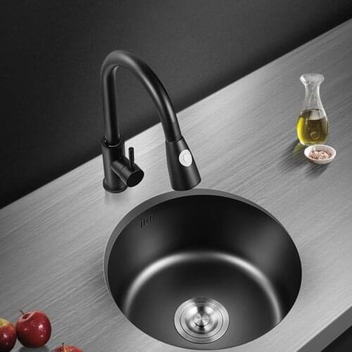 Round Kitchen Sink 304 Stainless Steel Seamless Welding Single Bowel Black Kitchen Sink Faucet Set Vegetable Washing Basin