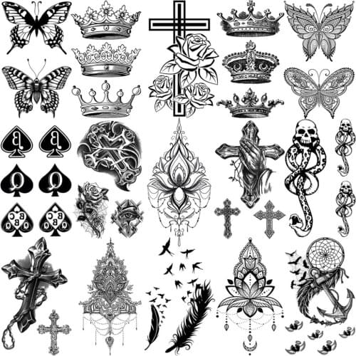 Lotus Pendant Butterfly Crown Temporary Tattoos For Women Adult Girls Cross Feather Fake Tattoo Body Hand Arm Neck Tatoo Paper