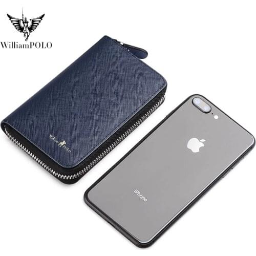 Williampolo Leather Mens wallet ultra thin mini card bag zipper multi function large capacity leather drivers license Wallet