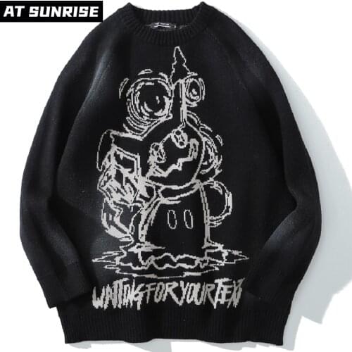 Men Streetwear oversizde Sweater Pullover HipHop vintage anime Sweater 2021 Autumn Harajuku Cotton Casual Sweater Black Pullover