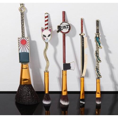 5pcs Makeup Brush Set Anime Demon Slayer Makeup Brush Tool Face Cosmetic Powder Highlight Blending Eyebrow Eyeshadow Brush Kit