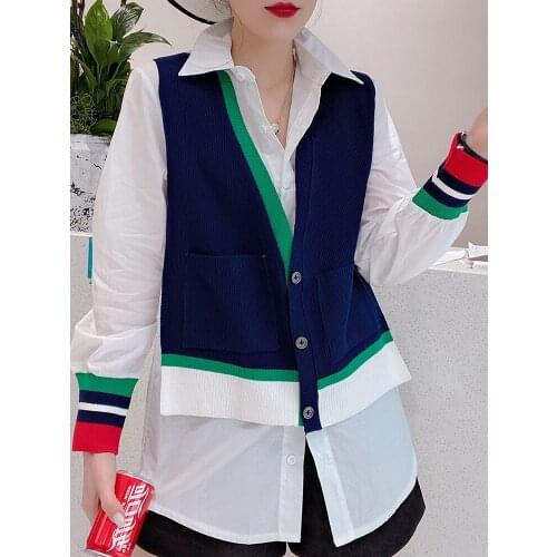 Shirt spring 2021 new fashion knitting fake two pieces with vest white shirt
