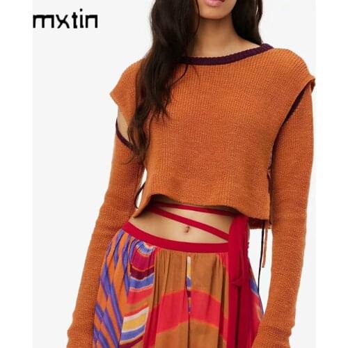 MXIN 2021 Women Fashion Sexy Cropped Knitted Pullover Sweater Vintage Loose O Neck Long Sleeve Female Jumper Chic Tops