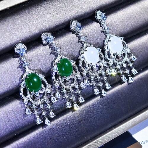 Luxury Imitation Natural Emeralds Chalcedony and White Jades Crystal Statement Dangle Earrings Gifts for Women Wife Mom