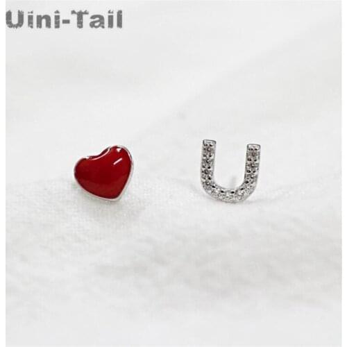 Uini-Tail hot new 925 sterling silver red heart letter "U" micro-set earrings Korean fashion tide flow sweet jewelry GN769
