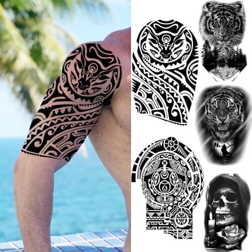 3D Black Indian Bull Maori Arm Cow Temporary Tattoos For Men Adult Tiger Skull Forest Fake Tattoo Sticker Half Sleeve Tatoos