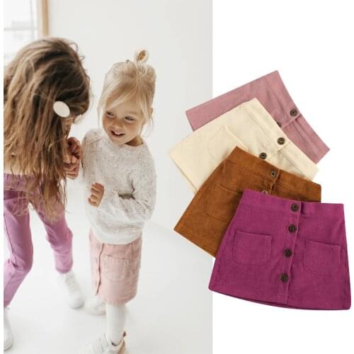 2020 1-5Y Kids Baby Girls Fashion Two Pockets Skirt Fashion Children Girls Stylish Solid Corduroy Skirt for Party Daily Wear