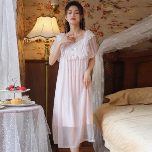 Wasteheart Women Homewear Pink White Cotton Sexy Sleepwear Nightdress Lace Nightwear Nightgown Homewear Night Gown Dress