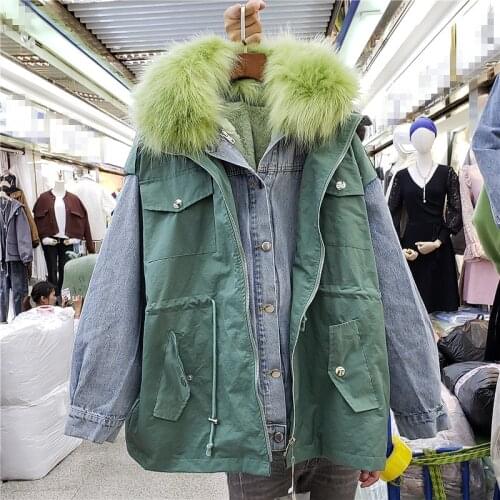Green Pink Winter Fall Fleece Liner Denim Jacket Women Slim Faux Fur Collar Detectable Denim Coat Female Jean Jacket Windbreaker