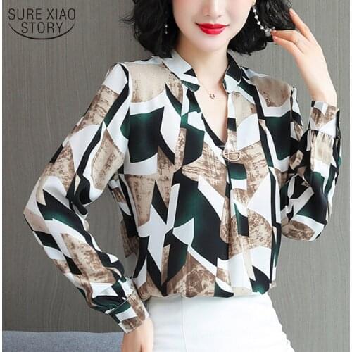 2021 Autumn New V-neck Women OL Western Style Printed Blouse Elegant Chiffon Long Sleeve Chiffon Blouse Chemisier Femme 10465