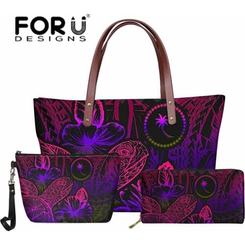 Polynesian Chuuk Tribe Women Handbag 3pcs Set Samoan Plumeria Hibiscus Turtle Print Female Luxury Shoulder Bag and Wallet Bolsa
