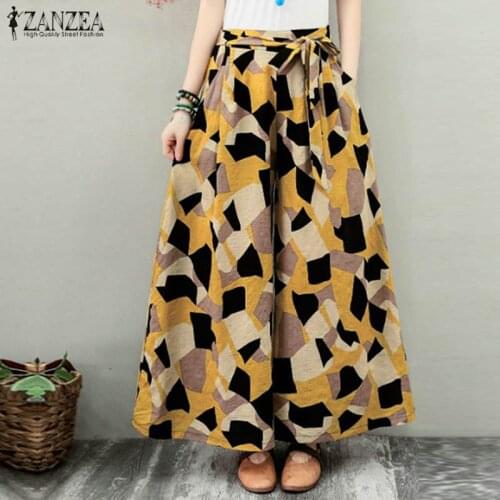 Oversized Elegant Elastic Waist Long Pantalon Womens Geometric Trousers Pants 2021 ZANZEA Printed Wide Leg Female Summer Turnip