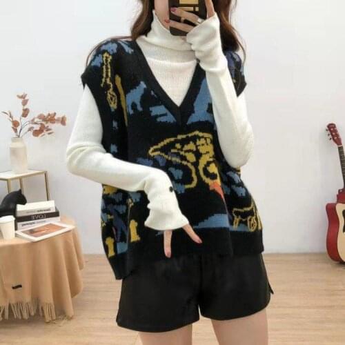 Korean Cartoon Loose Sweater Vest Women 2021 Spring Autumn College Vest V-neck Sweater Female Coat Women Sleeveless