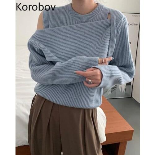 Korobov Sweet Chic Long Sleeve Sweater Vintage Korean Knitted Autumn Winter Jumper Femme Elegant Solid Off Shoulder Sueter Mujer