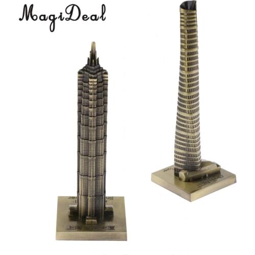 2pcs Vintage Bronze Jin Mao Tower Statue and Shanghai Tower Model Statue Collectible Figurine Home Desktop Decor