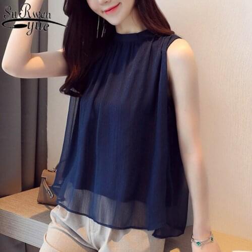 2020 Korean Style Female Summer Office Lady Tops Plus Size Sleeveless Chiffon Blouse Base Shirt Loose O-neck Summer Vest 9458 50