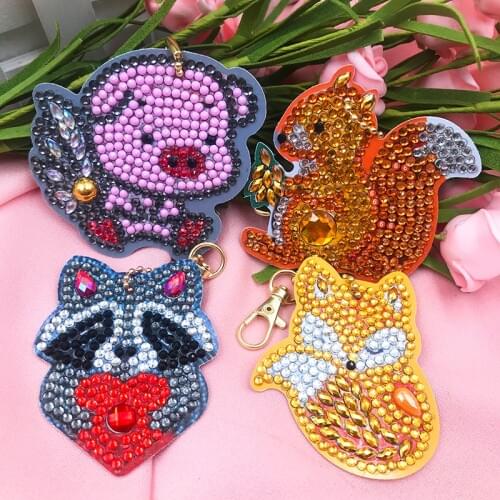 4 Pcs DIY Animals Full Drill Special Shaped Diamond Painting Keychains Squirrel Cross Stitch Embroidery Women Bag Key Chain